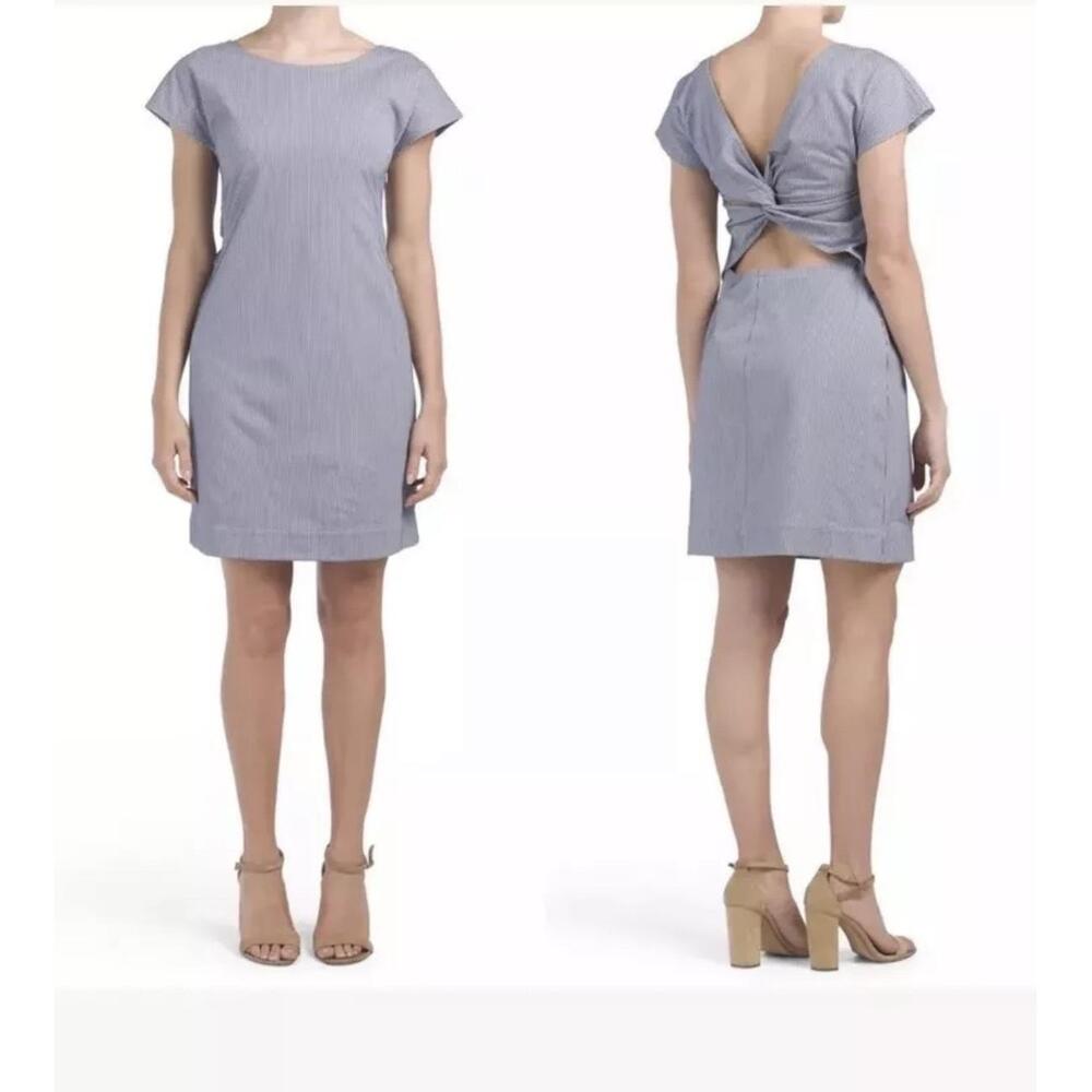 Theory Blue White Dress Seersucker Knot Detail Open Back Size 8